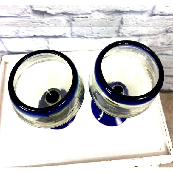 Hand Blown Mexican Glass 2 Stemmed Wine Artisan Goblet Cobalt Blue Rim Base - Picture 7 of 9